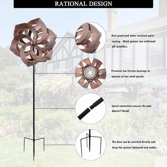 WONDER GARDEN Wind Spinner - Wind Spinners Outdoor, Outdoor Metal Windmills, 4.4 Ft Retro Brown Wind Sculptures Spinner Lawn Ornaments Wind Spinner for Yard, Lawn and Garden