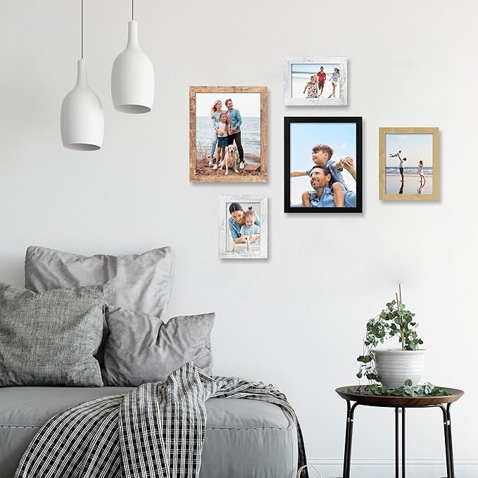 5x7 Picture Frame Set of 4, High Definition Real Glass 5 x 7 Photo Frames for Desktop Display and Wall Mounting(Distressed White+Oak+Rustic Brown+Black)