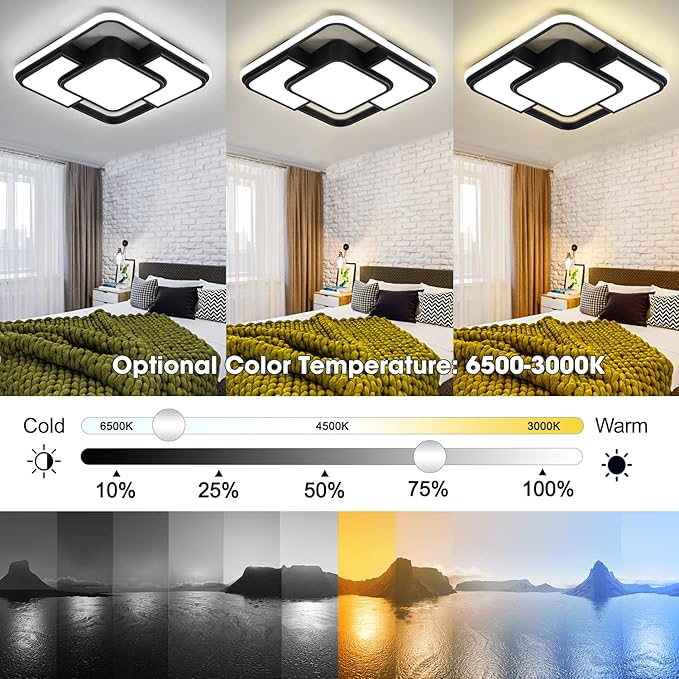 62W Dimmable LED Flush Mount Ceiling Light Fixture with Remote Control, 3000K-6500K 3-Color Chandelier Modern Lamp Black, 15.74inch Close to Ceiling Dining Room Bedroom Square Kitchen Lights