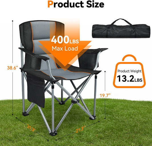 Camping Chairs, 2 Pack Oversized Heavy Duty Fully Padded Folding Chairs | with Cup Holder, Cooler Bag and Side Pocket, Support 400 LBS, Carry Bag Included, Versatile for Sports,Outdoors & Lawns