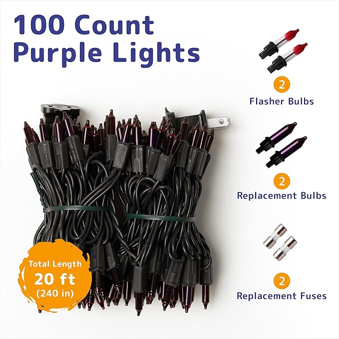 PREXTEX 100 Count Purple Halloween Lights - 20 ft Fairy String Lights with Black Wire - Violet Indoor and Outdoor Mini Light for Halloween Parties, Christmas Holiday Decorations, Fences and Patios