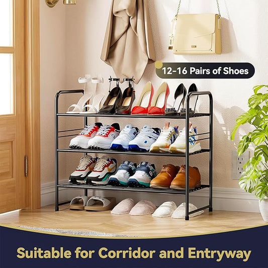 3-Tier 27” Wide Shoe Rack for Closet, Metal Stackable Shoe Shelf Organizer, Black