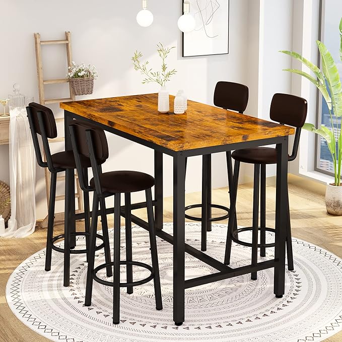 Lamerge Dining Table Set for 4 Bar Table and Chairs Set Industrial Counter Height Dining Table Set with 4 PU Upholstered Stools Kitchen Pub Table for Kitchen, Restaurant, Space Saving, Rustic Brown