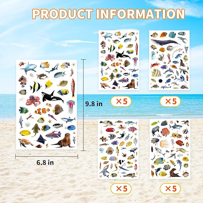 Ocean Animals Stickers 820 Count Sea Animal Fish Shark Stickers Party Favors Gifts Sticky Decor for Scrapbook Calendar Planner Gift Wrap Decor (Ocean)