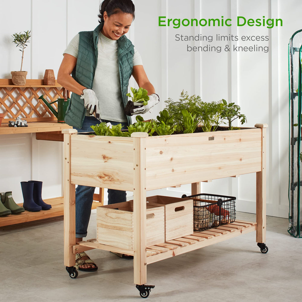 Best Choice Products Raised Garden Bed 48x24x32-inch Mobile Elevated Wood Planter w/Lockable Wheels, Storage Shelf, Protective Liner - Natural