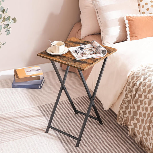 HOOBRO Folding TV Tray Table, Wooden TV Tray, Portable Sofa Side Table, Industrial Snack Table End Table for Small Spaces, Space-Saving, Easy to Install and Fold, Rustic Brown and Black BF27BZ01