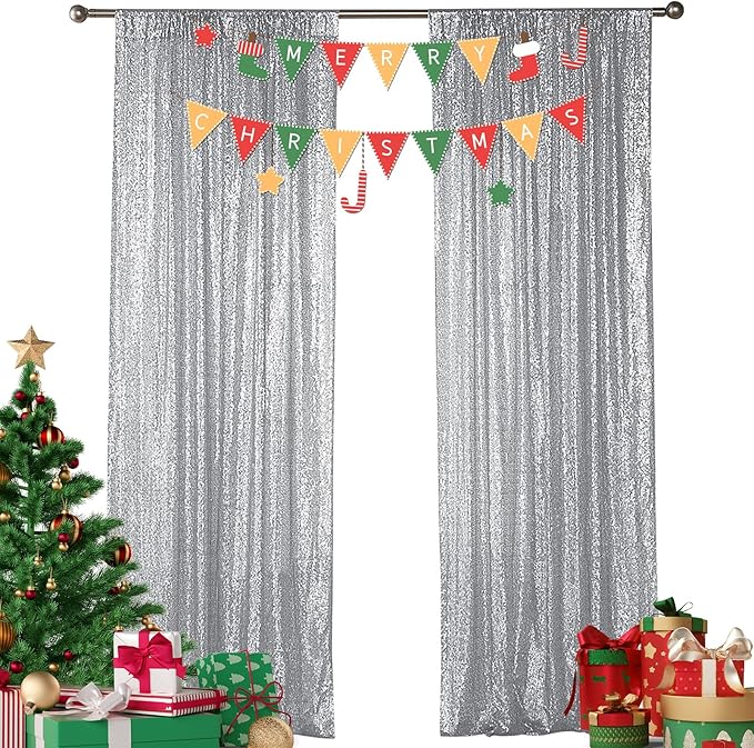 Sugargirl Silver Sequin Backdrop Curtain 2FTx8FT Glitter Background Drapes Sparkle Photography Backdrop for Party Wedding Birthday Wall Decor(2 Panels,Silver