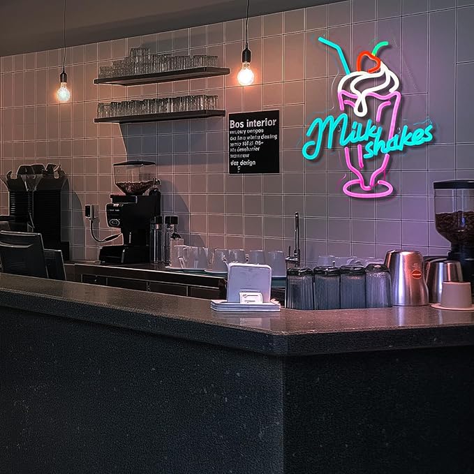Milk Shakes Neon Signs Ice Cream Neon Light Milk Tea LED Neon Light Milk USB Powered Dimmable(12.6x14.8 Inch)