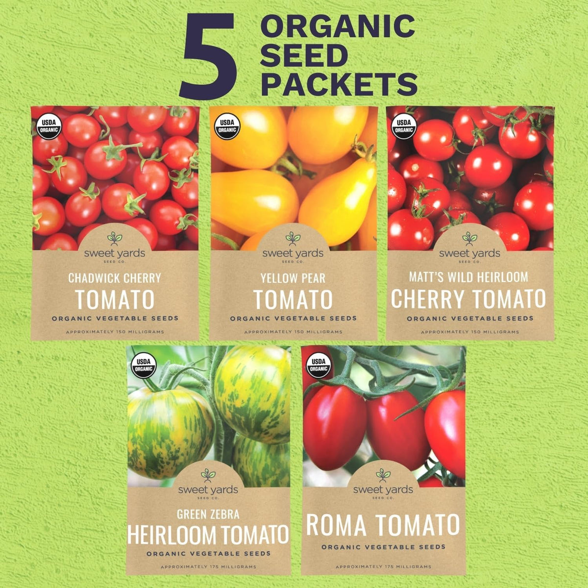 Organic Cherry Tomato Seeds Variety Pack - 5 Individual Packs - 2025 Season - Green Zebra, Matt's Wild, Chadwick, Yellow Pear and More! for Indoor & Outdoor Planting (Non-GMO, Certified Organic)