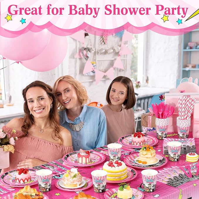 452 Pcs Girl Birthday Decorations for 50 Guests Pink Hero Paper Plates Napkins Cups Tablecloth Cutlery Straws for Pink Hero Girl Birthday Baby Shower Party Supplies