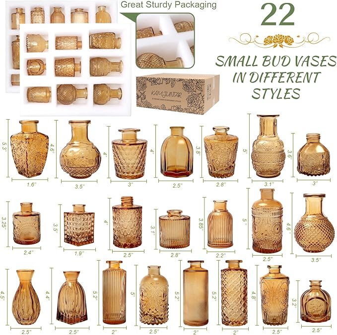 Set of 22 Amber Glass Mini Bud Vase For Bulk Rustic Wedding Decorations, Centerpieces, Vintage Look Home Table Flower Décor,Clear