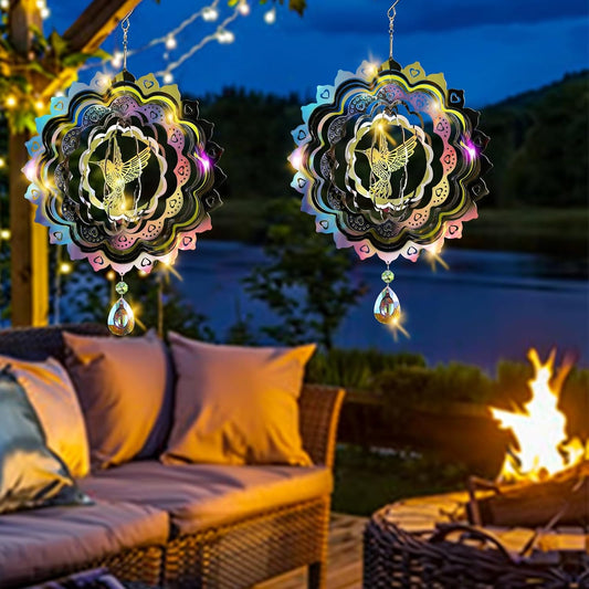3D Wind Spinners Outdoor Flowing-Light Effect Metal Garden Decor, Highly Reflective Bird Deterrents for Outside, Mirrored Wind Sculptures to Scare Birds Away from Yard Patio Farm (Hummingbird-Silver)