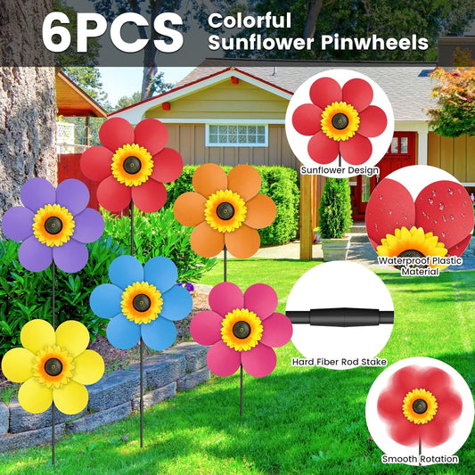 6PCS Sunflower Wind Spinners with Stakes 14" W x 29" H Wind Spinners Lawn Pinwheel Rainbow Windmill Outdoor Pinwheels for Yard Decoration(Multicolor)