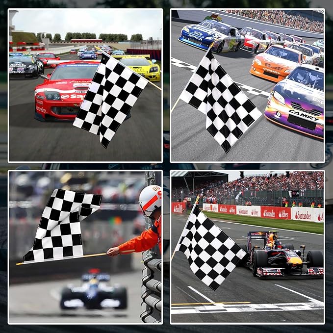 12 Pack Checkered Small Stick Flag 12x18 Inch Black and White Racing Hand Held Race Car Flags Decorations