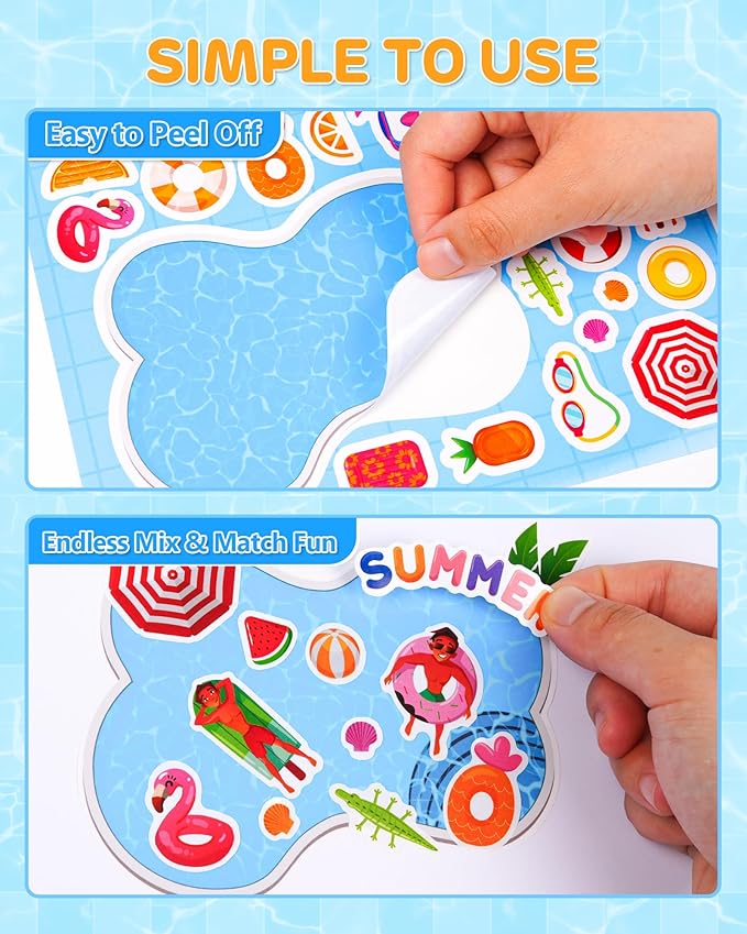 Aowplc 32 Sheets Make‑a‑Pool Stickers for Kids – Mix & Match Craft Kit – Summer Party Favors & Activities