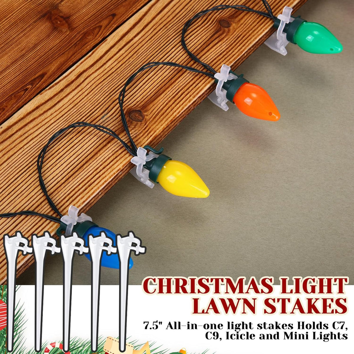 Jetec 200 Pieces Christmas Light Stakes Universal Yard Lawn Holiday 7.5 Inches Light Ground Stakes for C7 C9 String Lights Christmas Outdoor Lights Holders on Yards, Driveways (Clear)