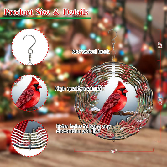 Cardinal Wind Spinner,3D Bird Spinners with Holly for Yard and Garden 3D Steel Wind Spinners Outdoor Wind Spinner 10 inch 3D Xmas Wind Sculptures