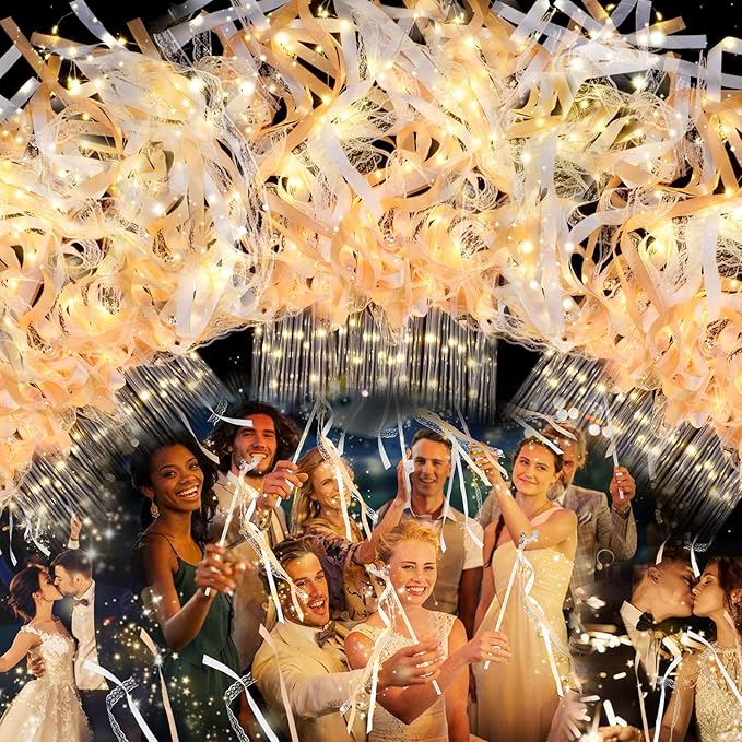 58 PCS Wedding Wands with Lights,Fairy Wands, LED Silk Fairy Wand with Bells for Wedding Send Off, New Year, Raves, Concert, Birthday
