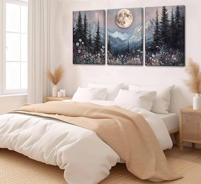 3Pcs Full Moon Forest Canvas Wall Art Moody Dark Forest Moonlit Pine Tree Mountains Wildflowers Wall Decor Wildflower Moon Poster Print Artwork for Bedroom Living Room Decoration