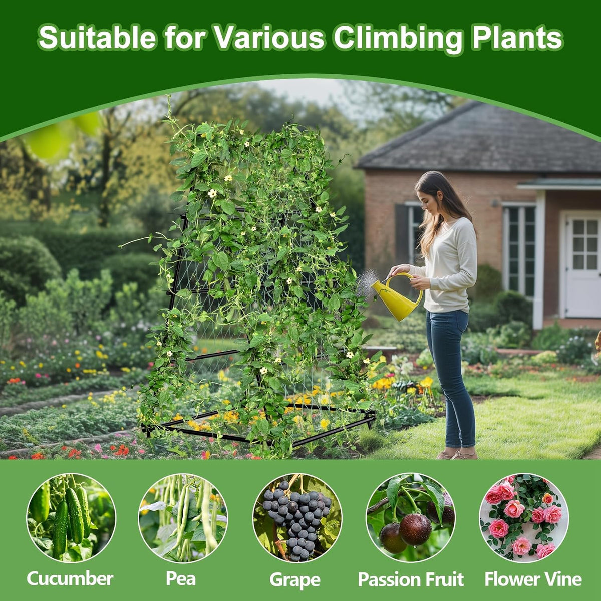 unho Garden Trellis for Climbing Plants with Tough Nylon Netting, 6ft Tall Sturdy Rustproof Metal Plant Support Tower for Vegetable Fruit Vine Cucumber Garden Lightweight,Outdoor