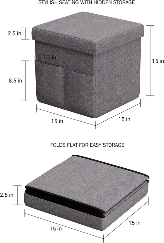 Set of 2 Ottomans with Storage Pockets - 15-Inch Folding Foot Rests or Storage Organizers for Bedroom, Living Room, or Dorm by Lavish Home (Gray)