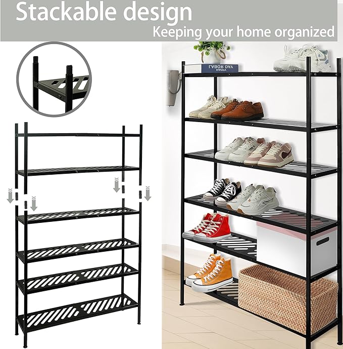 Shoe Rack, 4-Tier FreeStanding Shoe Shelf Stand, Stackable Shoe Storage Organizer for Closet, Holds up to 20-24 Pairs of Shoes for Entryway, Garage, Front Door Entrance, Metal, Black