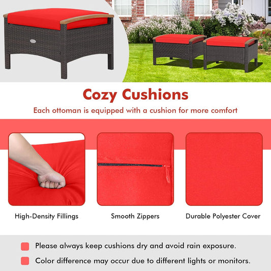 ORALNER Outdoor Ottoman, Set of 2 Rattan Footstools, All-Weather Wicker Foot Stools w/Removable Cushions, Patio Footrest Extra Seating for Porch, Poolside, Garden, Deck, Easy Assembly (Red)
