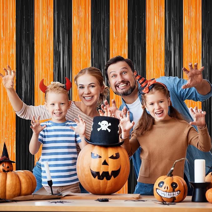 Halloween Photo Backdrop, 2 Pack Orange and Black Party Streamer, Metallic Foil Fringe Curtains Tinsel Backdrop, Halloween Birthday Party Decorations Hanging Decor Indoor, Photo Booth Props Streamers
