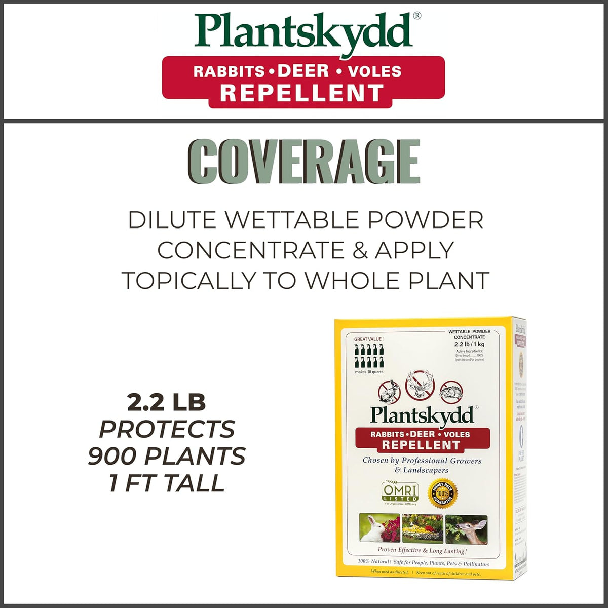 Plantskydd Animal Repellent - Repels Deer, Rabbits, Elk, Moose, Hares, Voles, Squirrels, Chipmunks and Other Herbivores; Wettable Powder Concentrate - 2.2 LB Box - Makes 2.5 Gallon Liquid (PSP-R2)