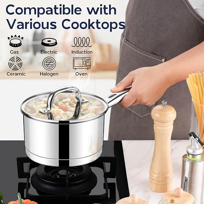 LIANYU 2 Quart Saucepan with Lid, Stainless Steel Sauce Pan Small Cooking Pot, Tri-Ply Bottom Multipurpose Sauce Pot, Dishwasher Safe, Compatible with All Stovetops