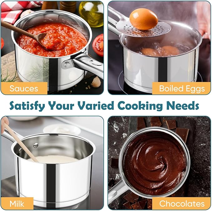 P&P CHEF 2 Quart Saucepan with Lid Set, Stainless Steel Small Cooking Pot Induction Sauce Pan for Pasta Soup, Ergonomic Handle & Tri-ply Base, Dishwasher Safe, 1 Pan