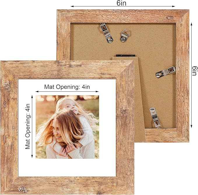 6x6 Picture Frame Set of 4 with Real Glass, Rustic Brown Frames Display 4x4 Picture with Mat or 6 x 6 Without Mat, Square Wood Photo Frame for Wall Mount and Tabletop Display