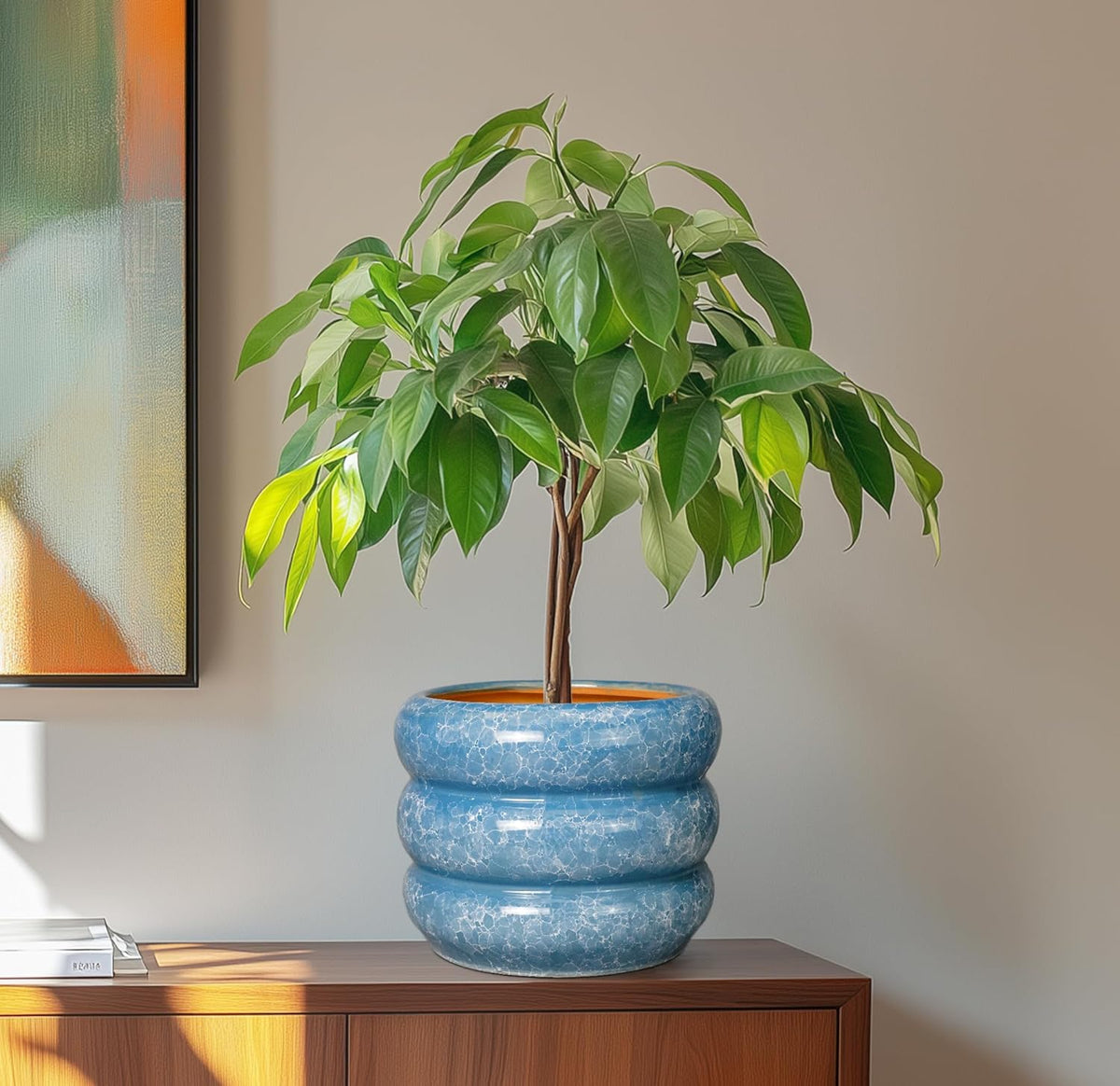 SQOWL 8 Inch Plant Pot with Drainage Hole - Ceramic Pot for Plants Outdoor Planter for Indoor Plants Decorative Plant Pot Medium Flower Pot Round Planter for Bathroom House Decor Blue