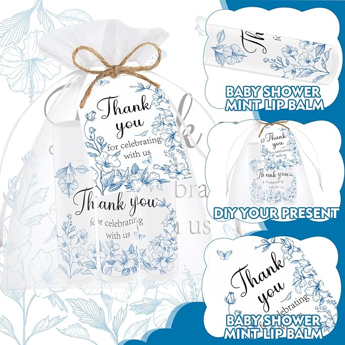 50 PCS Blue Flower Bridal Baby Shower Lip Balm Gift Baby Shower Favor Party Wedding and Engagement Party Bulk Lip Balm Thank You Gifts with Card Tags for Guests (blue flower)