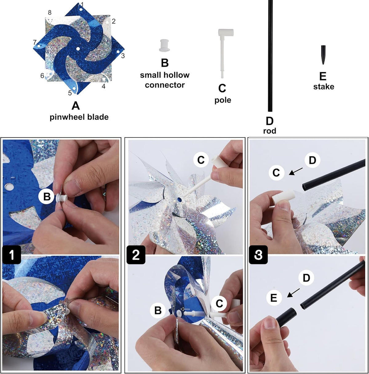 Hausse 10 Pack Reflective Pinwheels, Extra Sparkly Pinwheel, Bird Repellent Devices Deterrent to Scare Birds Away from Yard Patio Farm, Blue & Silver
