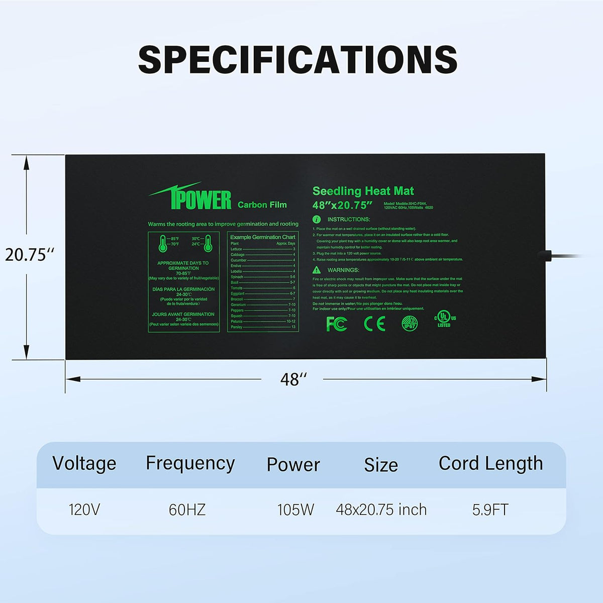 iPower 48” x 20.75” Seeding Heat Mat Upgraded Carbon Film Indoor Warm Hydroponic Plant Germination Starting Pad Durable Waterproof, 48" x 20.75", Black