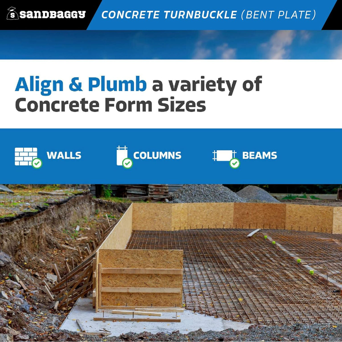 Sandbaggy Concrete Turnbuckle Form Aligner with 5" x 3" Bent Plate (35" - 37.5" Length) - Rust Resistant Steel - Adjustable Wall Brace - Aligns & Plumbs Form Walls, Columns, or Beams (35 inches, 2)