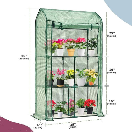 Mini Greenhouse for Indoor Outdoor, Small Plastic Plant Green House Rack Stand Portable Greenhouses with Durable PE Cover for Seedling 60 "x 35"x 16",20 Pcs T-Type Plant Tags Include(PLGH4053G)