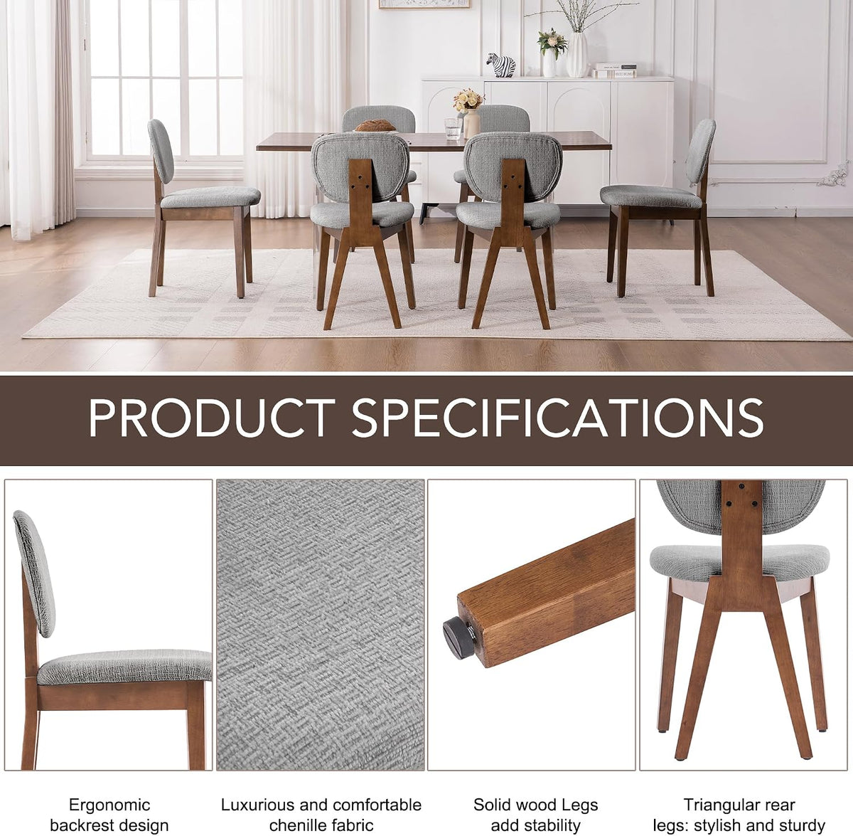 VKNOW Wooden Dining Chairs Set of 6, Mid Century Modern Upholstered Kitchen Side Chairs, Chenille Dining Room Chair with Curved Seat Backrest for Home Dining Room, Grey