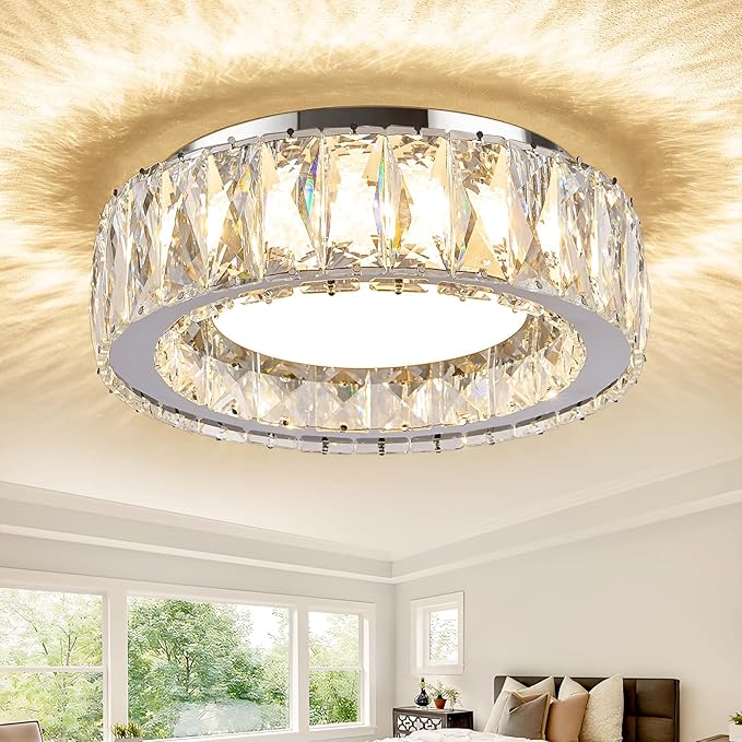 11 Inch Chrome Modern Luxury Crystal Flush Mount Ceiling Light Fixture,5CCT 3000K-6000K 24W,Round Small Dimmable Led Chandelier Hallway Lighting for Entryway,Kitchen,Bedroom,Laundry Room