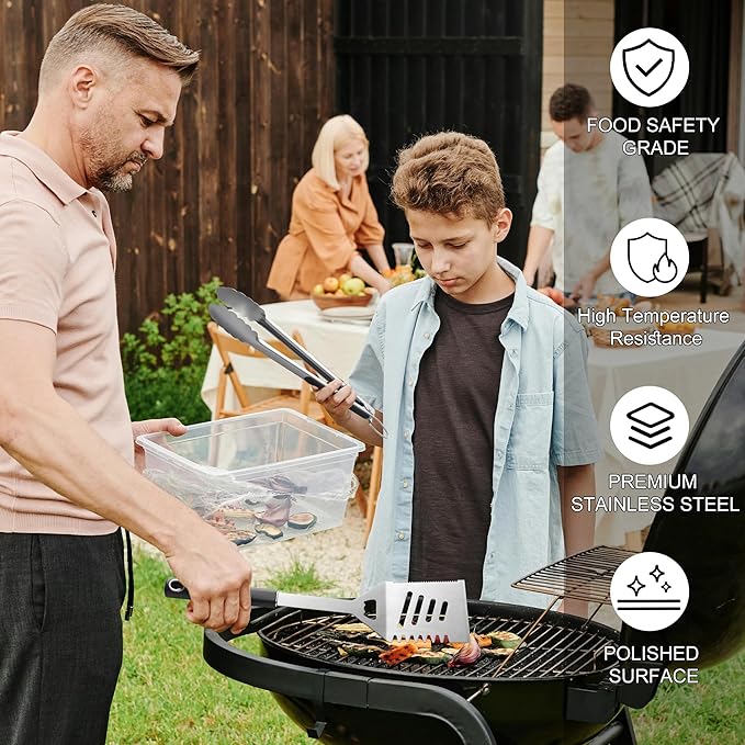 Griddle Accessories Kit - Grilling Accessories, Stainless Steel Heavy Duty Grill Tools Set with Spatula, Fork, Tongs, Brush and Gift-Box for Outdoor Barbecue, Home Grill (4PCS)