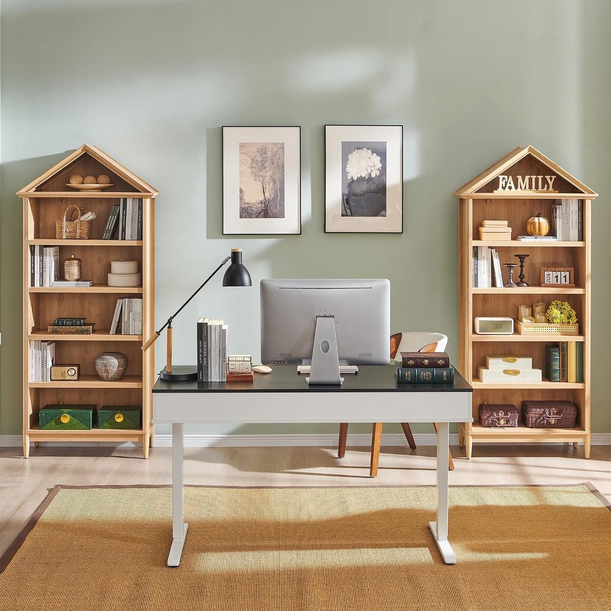 75.9" Tall Angled Arch Bookshelf, 5 Tiers Geometric Large Bookcase with Storage, Modern Triangular Top with Adjustable Shelves, Wood Cabinet w/Open Display Shelves for Living Room, Office Natural