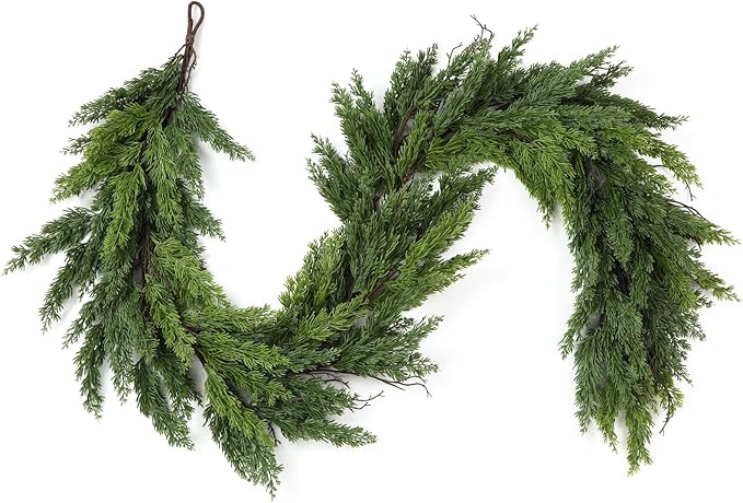 Alupssuc 9FT Christmas Garland, Cedar Garland -Real Touch Artificial Greenery Cypress Pine Garland for Mantle Table Railing Fireplace Indoor & Outdoor Christmas Decoration