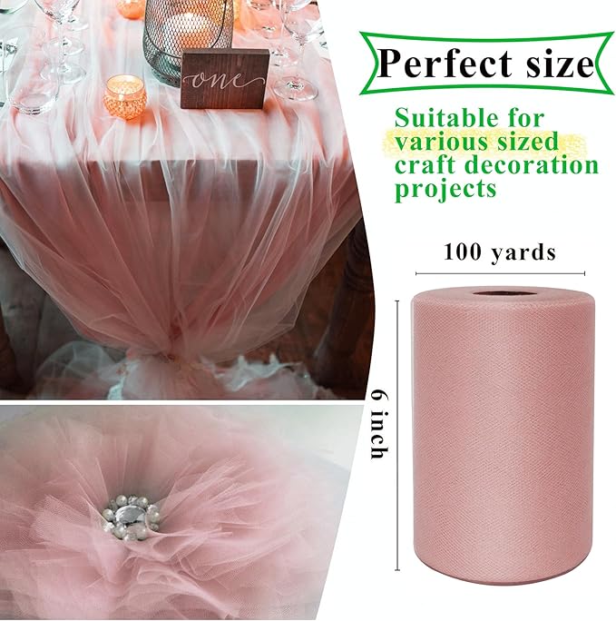 Dusty Rose Tulle Fabric Rolls 6 Inch by 100 Yards (300 feet) Fabric Spool Tulle Ribbon for DIY Tutu Bow Baby Shower Birthday Party Wedding Decorations Christmas Craft Supplies