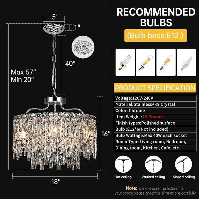 Chrome Crystal Chandelier, Modern Luxury Round Dining Room Chandeliers Over Table,6 Lights Chrome Ceiling Pendant Lighting for Dining Room Bedroom Entryway Foyer Staircase