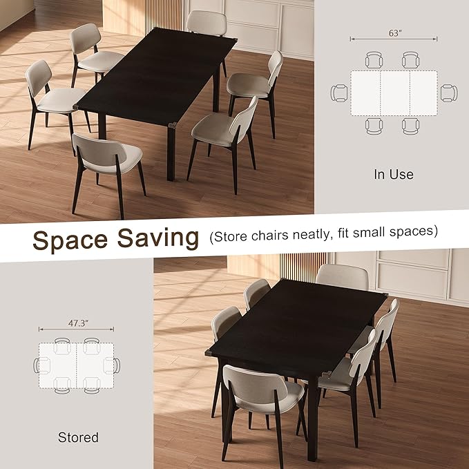 Extendable Dining Table for 4-6, 63" Modern Kitchen Table, Farmhouse Dining Room Tables for Dining, Kitchen, Office, Living Room, Rectangular Wooden Tables, Space Saving (Black)
