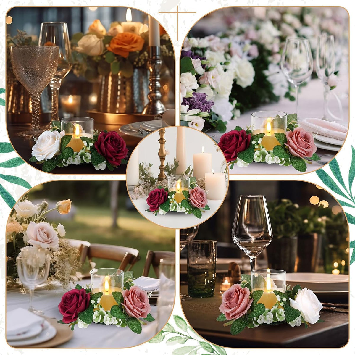 Yunlly 12 Pcs Rose Candle Rings with Flameless Candles Sets, Artificial Flower Eucalyptus Wedding Centerpiece 3 Inch Pillar Candleholders Wreaths for Wedding Party Mother's Day (Red,Pink,White)