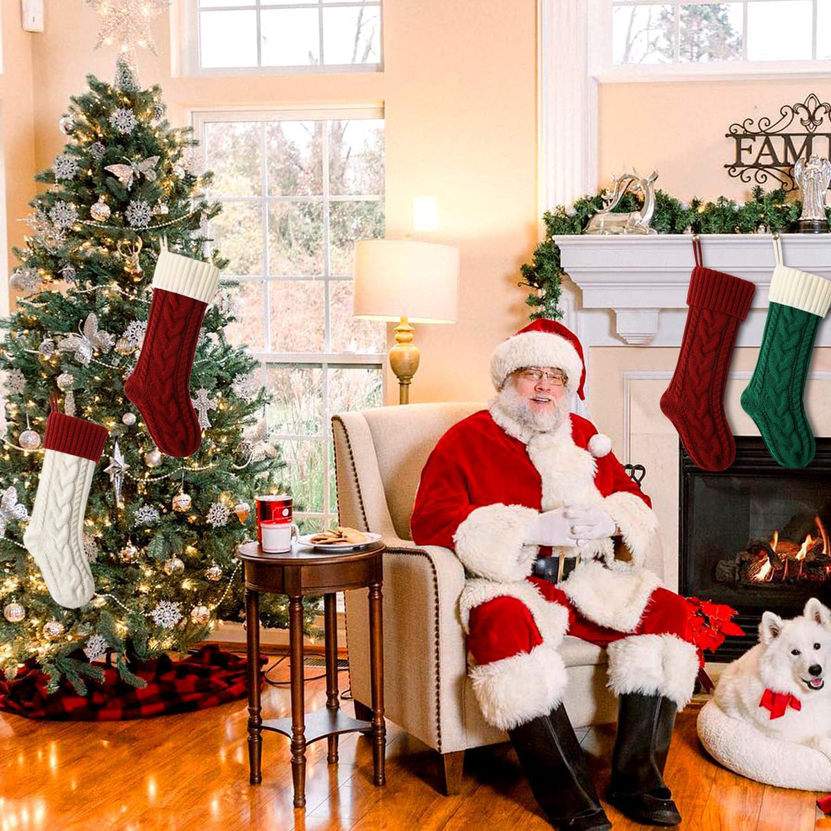 Christmas Stockings 18 Inches Classic Cable Knitted Set Large Classic Fireplace Hanging Stockings for Kids,Family Stocking Holiday Party Xmas Decoration(Red White,4Pack)