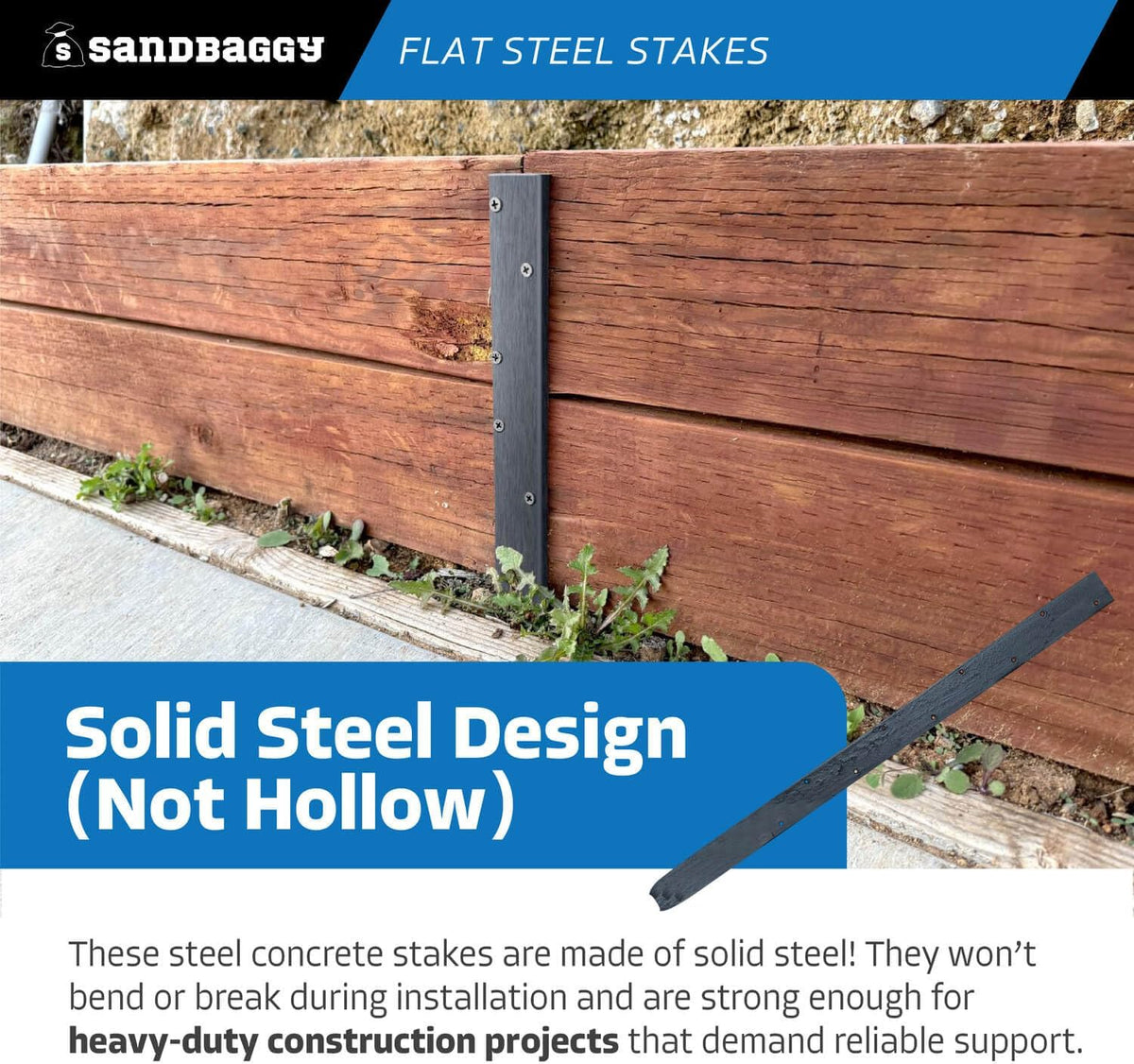 Sandbaggy Flat Steel Stakes for Concrete Forms with Nail Holes - 1.5" Wide - Painted - Removable, Reusable, V Point End - Construction Grade Stakes (20, 24 inch)
