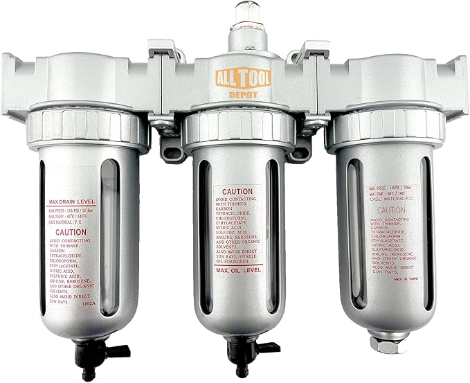 1/4" NPT MID FLOW 3 Stages Filter Coalescing Desiccant Dryer System For Compressed Air Lines, Poly Bowls, Great For Paint Spray And Plasma Cutter (MANUAL DRAIN)